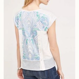 Anthropologie White Tee with Blue & Green Patterned Back